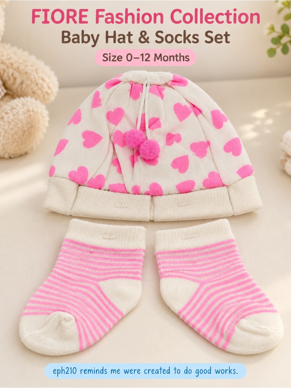 FIORE Baby Hat & Socks Set Pink Hearts 0–12 Months